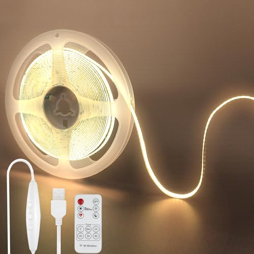 Clearhill 5V USB COB LED Strip Lights mit Remote Dimmable Switch, 16.4FT / 5M, Warm White 3000K, 320LEDs / M, 8mm Breite, Nicht wasserdicht IP20, 1.5M USB Switch Kabel