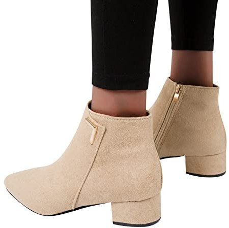 NAFING Stivali invernali da donna, stivaletti da donna con tacco in camoscio, stivali da cowboy, a mezza altezza, eleganti, beige, con fibbia, stivali corti invernali, comodi