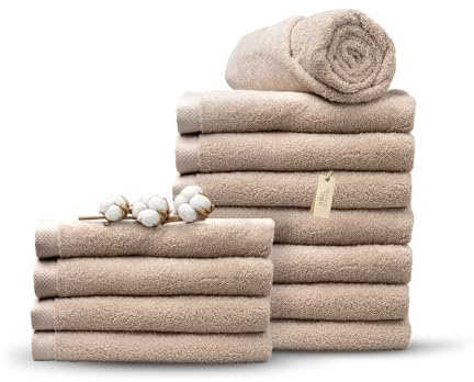 MissTowels® Handtuch Set 12-teilig – 100% Baumwolle aus Portugal, Kamelfarben, 70x140 cm – Weich & Saugfähig – Hotelqualität – Oeko-TEX Zertifiziert – 8+4 Gratis