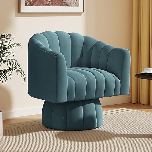 VANTEN Mid Century 360 Degree Swivel Cuddle Barrel Accent Sofa Chairs, Round Armchairs with Wide Upholstered, Fluffy Velvet Fabric Chair for Living Room, Bedroom, Office, Waiting Rooms, (Blue)
