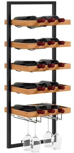 HOMCOM Weinregal Wand Flaschenregal für 15 Flaschen mit 5 Ebenen, Glashaltern Flaschenhalter für Küche, Bar, Esszimmer, Holz Braun