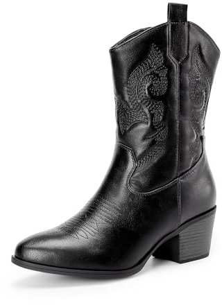 DREAM PAIRS Stivali Western da Donna a Metà Polpaccio, Stivali da Cowboy con Punta a Punta e Tacco a Zeppa con Ricami,Size 39,Tutto Nero,DWUMMB2505
