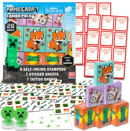 Minecraft Valentinstag-Klassenzimmer-Geschenkaustausch-Set – Bündel mit 20 Minecraft Partygeschenkboxen mit Aufklebern, Tattoos, Stempeln für Valentinstag, Klassenzimmer, Party plus Leckerli-Tüten |