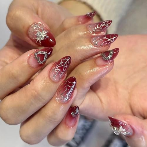 MouyouGlow Press on Nails Kurz,Almond Halloween Nude Farbverlauf Rot 3D Herz Spinnen Crystal Spinnennetz Horror Creepy Spooky Gothic Fake Nails Gradient Red Künstliche Fingernägel