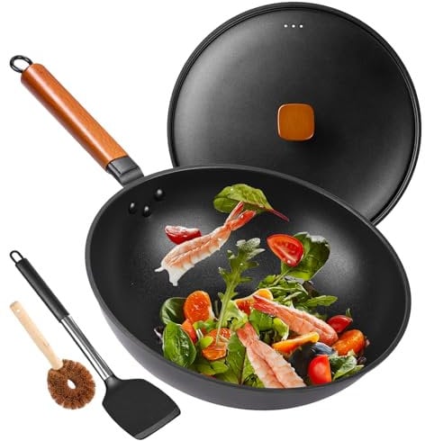 Wok Pan de acero al carbono – woks de 12.9 pulgadas y sartenes antiadherentes con espátula: wok de fondo plano para estufas eléctricas, de inducción y de gas