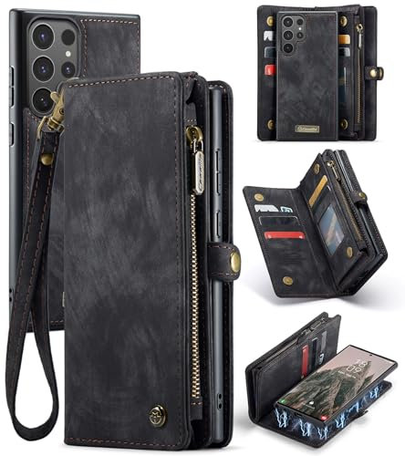UFinetech Custodia per Samsung S25 Ultra, Antiurto Slot Schede Magnetico 2 in 1 Rimovibile Portafoglio Cover Galaxy S25 Ultra 5G, Flip Cerniera Cordoncino TPU Bumper Pelle Antigraffio Protezione, Nero