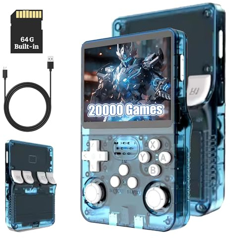 KINMRIS R36S Retro Handheld Spielkonsole, 64 G über 15000 Spiele, Retro Konsole 3,5-Zoll-IPS-Bildschirm, tragbare Spielkonsole für Kinder und Erwachsene, unterstützt mehrere Emulatoren (BLAUWEIß)