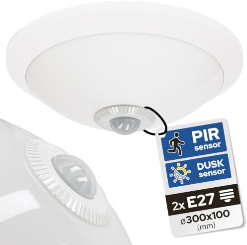 LED Deckenleuchte mit Bewegungsmelder 300 mm Weiß - Sensorlampe mit 360° | 360° PIR & Dämmerungssensor - Aufputz Deckenlampe E27 IP20 Innen - Energiesparende Leuchte - Horoz Electric