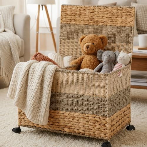 Cinnvoice 27 Gallon(105L) Rolling Wicker Storage Basket, Toy Chest with Lid | 23x17.5x16 Inch Size, Water Hyacinth Woven Material, Rolling Wheels for Easy Moving, Blanket Toy Storage, Bedroom Nursery Use