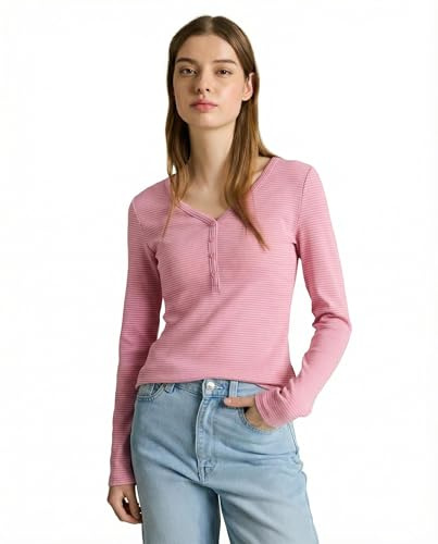 TOM TAILOR Denim Damen Henley-T-Shirt mit Streifenmuster
