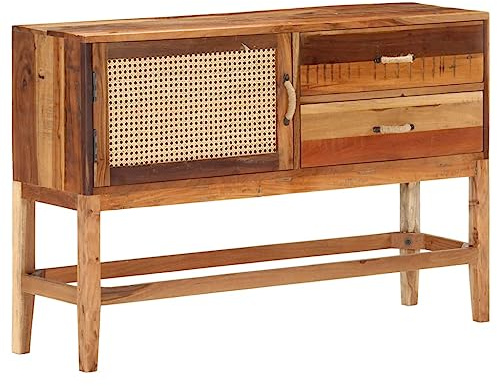 KTHLBRH Anrichte aus recyceltem Massivholz, Anrichte aus recyceltem Massivholz, mit Tür aus natürlichem Schilf, rustikales Möbelstück, handgefertigt, 118 x 30 x 76 cm