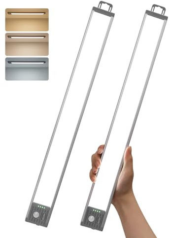 GOODEA 44.5CM Under Cabinet Kitchen Lights Motion Sensor 4500mAh, 3 CCT | Dimmable, Magnetic Wardrobe Light, Rechargeable Kitchen Cupboard Lighting, Stick on Lights for Closet Shelf Counter-2 Pack