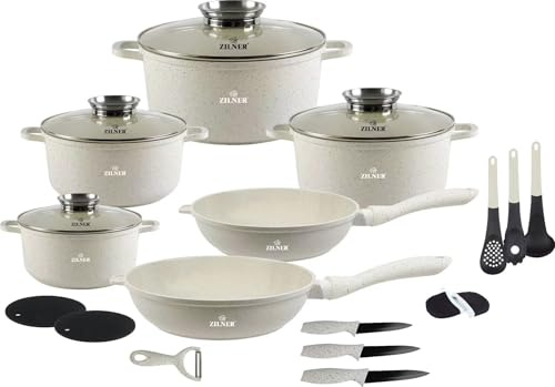 ZILNER Topfset 21-teilig, Marmor- & Keramikbeschichtung, Glasdeckel, Weiß | Töpfe und Pfannen Set, Antihaftbeschichtung, für alle Herdarten, Aluminium Kochgeschirr, Küchenutensilien