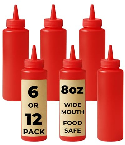 Chabrias Ltd 12 Pack 250ml Red Squeeze Bottle - 8oz - Premium BPA-Free Soft Plastic Condiment Bottle Dispensing Ketchup for Sauces, Dressings, Oils, Icing, Crafts, Workshop (250ml, Red, 12)