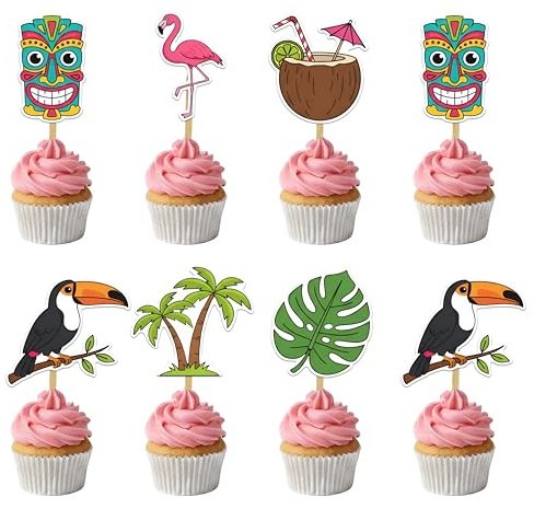 Hawaiian Cupcake Topper Decorations for Birthday Parties – Tropical-Themed Cake Picks Featuring Hibiscus Flowers, Pineapples, Surfboards, and Luau Icons – Vibrant Party Supplies for Adults
