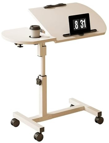 Beistelltisch, Betttisch auf Rollen Stehpult Höhenverstellbar, Mobiler Pflegetisch 60 x 40 cm, Laptoptisch mit 4 Feststellbaren Rollen, Beistelltisch für Krankenbett, Pflegebett & Zuhause – Weiß