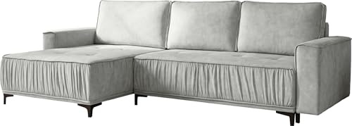 Ecksofa mit Schlaffunktion & Stauraum, Wohnlandschaft in L-Form – Universell Rechts/Links 4-Sitzer Loungesofa 270 × 150 × 92 cm – Glamour, Freistehend mit Rückenkissen – Silber Hellgrau Samt Velours