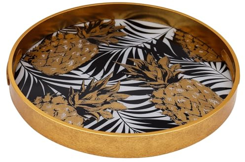 Round Gold Decorative Tray - Mirrored Pineapple Glass Serving Tray for Drinks and Bar Cart, Tropical Black & Gold Vanity Tray for Makeup, Jewelry and Home Decor