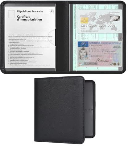 RSAquar Pochette Carte Grise Voiture, Porte Documents Voiture en Cuir PU | Organisateur Auto Compact pour Carte Grise, Assurance, Permis et Carte Verte, Accessoires Voiture Boîte à Gants (Noir)