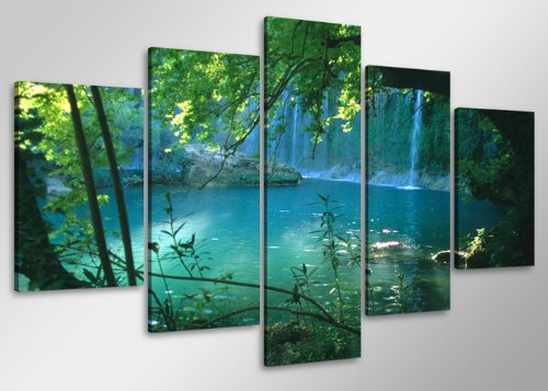 Visario Leinwandbild 100x50 cm Set 5x 20x50 cm 6408 Türkise Lagune Wasserfall Urwald Tropische Natur Wandbild Kunstdruck auf Leinwand fertig aufgespannt Holzrahmen Wohnzimmer Schlafzimmer Büro