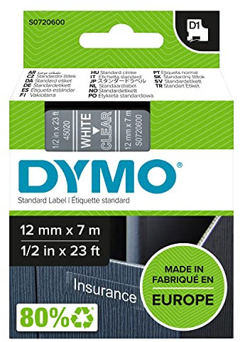 DYMO Original D1-Etikettenband | weiß auf transparent | 12 mm x 7 m | selbstklebendes Schriftband | für LabelManager-Beschriftungsgerät