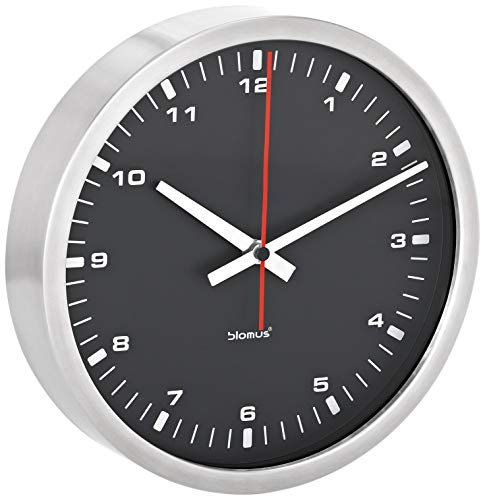 blomus Wanduhr Era | Ø 30 cm | Farbe Schwarz-Silber | Designer-Wanduhr mit rotem Sekundenzeiger | moderne Uhr