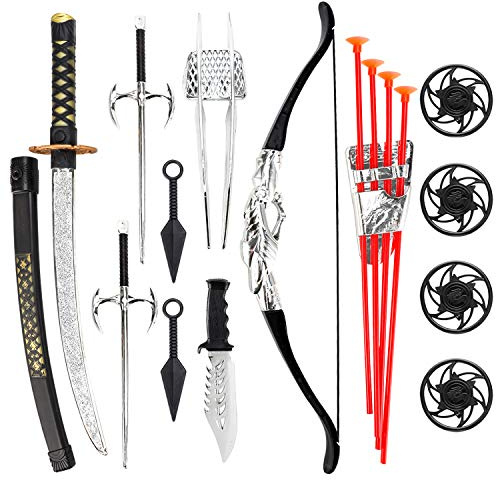 Liberty Imports Ninja Warrior Bow and Arrow Archery Set with Katana Sword, Sai, Melee Toy Weapons for Kids Pretend Role Play Equipment, Cosplay, Costume Accessories