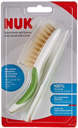 NUK Babybürste aus 100% Naturhaar mit Kamm mit abgerundeten Spitzen, 1 Stück, grün