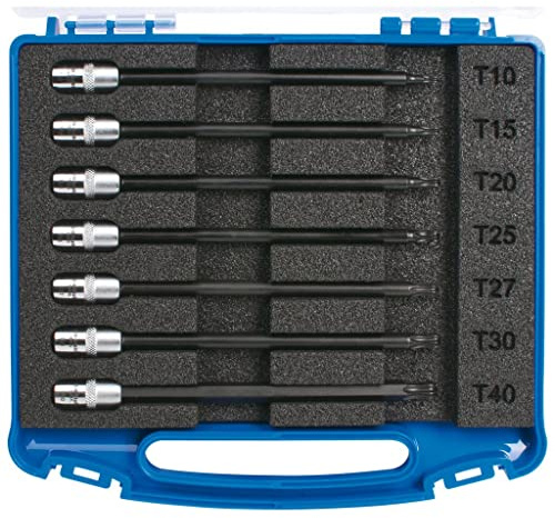 SW-Stahl 05450L Schraubendreheinsätze 1/4 Zoll T-Profil T10-T40, 7-tlg. | Bits mit Kugelkopf für Torx, 130 mm Länge, Chrom-Vanadium-Stahl, in Kunststoffbox für TX-Schrauben an engen Stellen