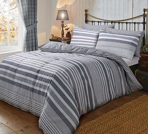 Sleepdown Flannel Stripe Grey Reversible Soft Duvet Cover Quilt Bedding Set With Pillowcases-Super King (220cm x 260cm), Cotton, Superking