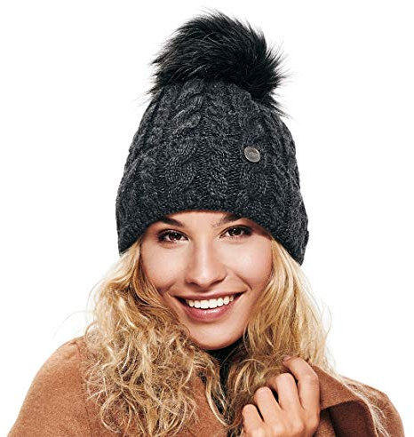 ELIMELI® Damen Winter Mütze warme Strickmütze Wintermütze mit Bommel Slouch Strick Beanie Damen für Winter Bommelmütze Hergestellt in EU Farbenauswahl 15568 (Dunkelgrau)