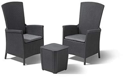 Allibert by Keter Balkonmöbel Set Vermont & Luzon flat wicker (set of 3), graphit/cool grey, 3tlg., inkl. Sitzkissen, verstellbare Rückenlehne, Kunststoff, flache Rattanoptik