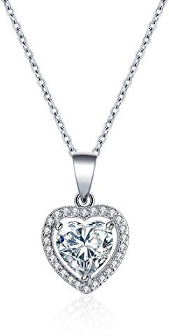 E 925 Sterling Silver Double Love Heart Pendant Necklace for Women, AAA Cubic Zirconia Love Forever Halo Pendant, rhodium plated