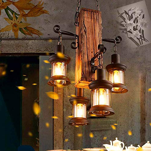 Vintage Pendelleuchte Holz Hängelampe Industrie Kronleuchte Glas Lampenschirm Retro Eisen E27 Höhenverstellbare Pendellampe Esszimmer Wohnzimmer Küche Bar Loft Deckenleuchte