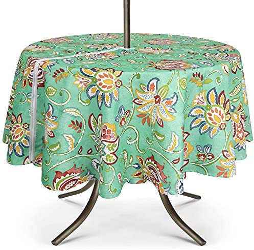 UMINEUX Outdoor-Tischdecke mit Schirmloch und Reißverschluss, wasserdichte Tischdecke für Frühling/Sommer, für Picknick/Grillen/Garten (152,4 cm, rund, grüne Blume)