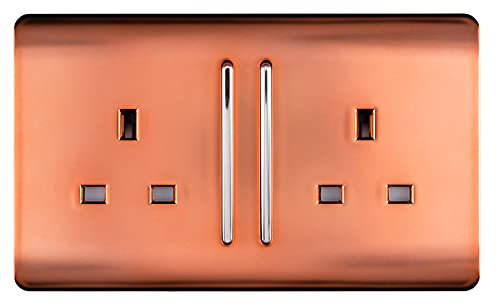 Trendi 2 Gang Raised Artistic Modern Glossy Screwless 13 Amp Single Pole with Chrome Switched UK Standard Electrical Double Wall Plug Socket in Copper - ART-SKT213LCPR