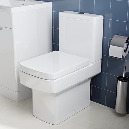 ELEGANT White Ceramic Modern Close Coupled Bathroom Toilet Pan WC and Cistern with Soft Close Seat, Square Toilet Pan Seat