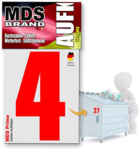 MDS Brand Prime 15cm Zahlen Aufkleber Selbstklebende Klebezahlen für Briefkasten, Mülltonne & Hausnummeren Aufkleber für Außen & Innen (Rot-4)
