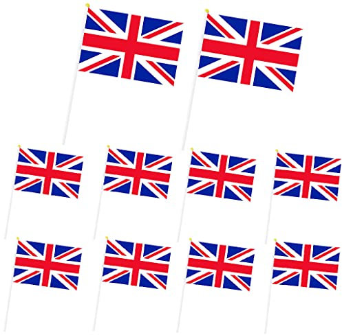 10pcs Small Union Jack Flags On Sticks for King Charles III Coronation Decorations, Handheld Mini Flags 14X21cm, Great British National Souvenirs