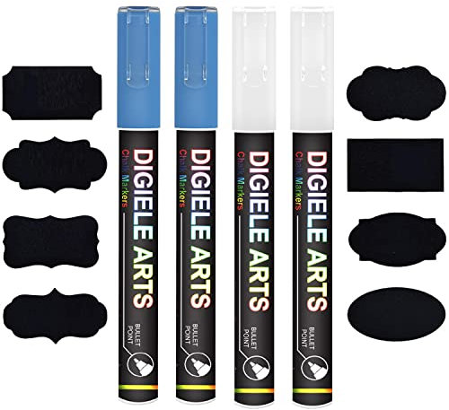 Kreidestift Weiß + Blau, DIGIELE 2 Kreidestifte Weiß + 2 Kreidemarker Blau 3mm +16 Tafel Labels, Trocken oder Feucht Abwischbare Flüssigkreide, Reversibel Stiftspitze für Whiteboard/Tafel/Fenster/Glas