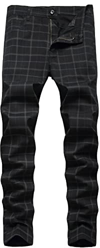 FEOYA Pantalon Chino à Carreaux Homme Stretch Pantalon Habillé Droit Élastique Ecossaise Pantalons Crayon Tartan Extensible Slim Ajusté Costume à Carreaux Noir Taille 42