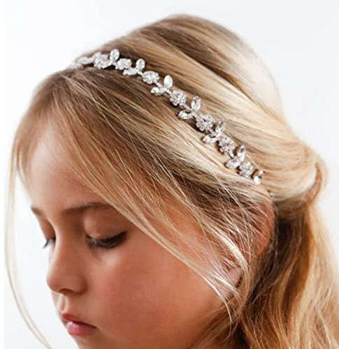 YXYAOLEE Silbernes Blumenmädchen Kopfschmuck Kristall Mädchen Stirnband Haarschmuck für Geburtstag Fotografie Strass Stirnband Blumen und Blätter Krone Haarband