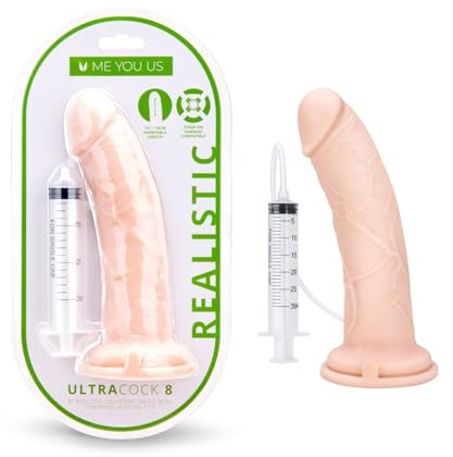 Me You Us Ultracock Realistic Squirting Dildo 8 Inch – Lifelike Vanilla Dong with Suction Cup Base, Cum Play Syringe & Harness Compatible for Realistic Fantasy Pleasure