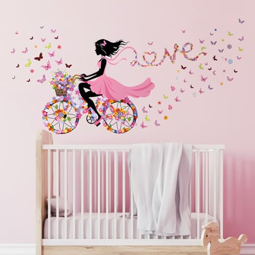 Tanlaby Mädchen Fahrrad Wandtattoo Blumen Fee Wandsticker Schmetterling Mädchen Wandaufkleberr für Mädchen Babyzimmer Wohnzimmer Schlafzimmer Kinderzimmer Hause Wanddekoration