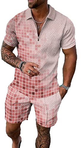 BIRW Ensemble court 2 pièces pour homme - Tenue polo tendance d'été - Survêtement décontracté à manches courtes et short pour homme, Coutures carrées roses, Large