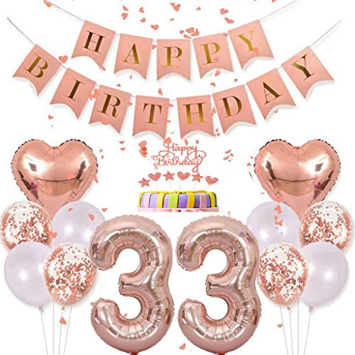 Conruich Deko 33. Geburtstag Frau, Rosegold Tortendeko Geburtstag 33 Jahre Mann, Geburtstagsdeko 33 Jahre, Rosegold Ballon 33 Geburtstags Mädchen, Happy Birthday Banner Deko 33 Geburtstags Frauen