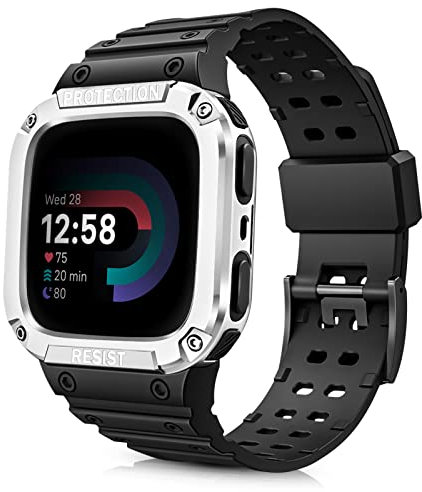 FINTIE Armbänder mit Hülle, kompatibel mit Fitbit Versa 4/3/2/1/Versa Lite/Fitbit Sense 2/Sense, Schutzhülle, robustes Sportband, Herren, Schwarz/Silber