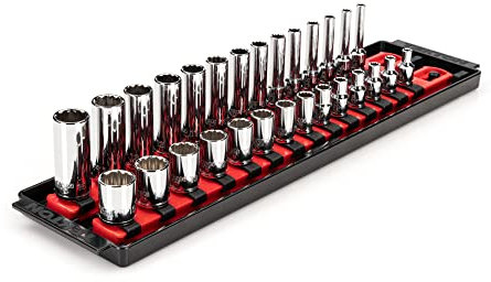 TEKTON 1/4 Inch Drive 12-Point Socket Set with Rails and Tray, 28-Piece (4-15 mm) | SHD90214
