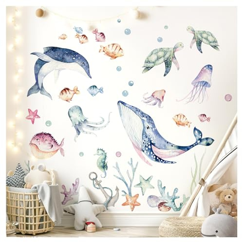 DEKO KINDERZIMMER XXL Wandtattoo Unterwasserwelt Sticker Set Wandsticker Meer Fische Babyzimmer Wandaufkleber Badezimmer Deko selbstklebend DK1051-05