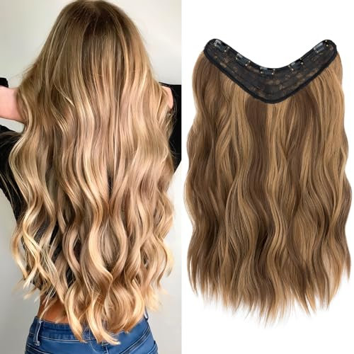 TESS Clip in Extensions Gewellt, 45 cm Haarverlängerung Clip in Hellbraun Mit Blond Kunsthaar Einteiler mit 5 Clips Haarteil Extensions U-Form